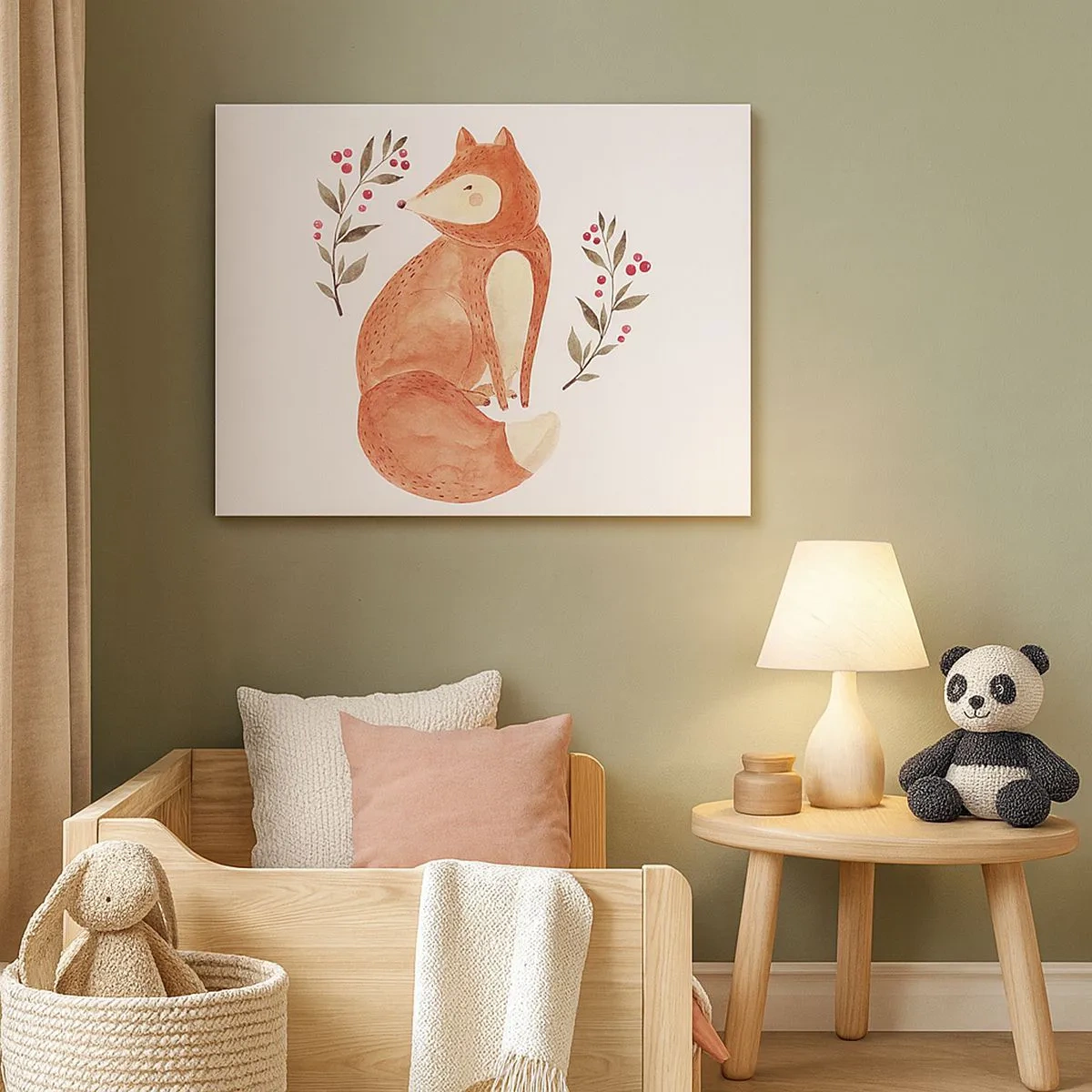 Bild auf Leinwand - Leinwandbild - Ein Aquarellfuchs, umgeben von Zweigen mit Beeren - 70x50cm - Kleine Rothaarige - Moderne Wanddekoration für Wohnzimmer und Schlafzimmer ARTTOR