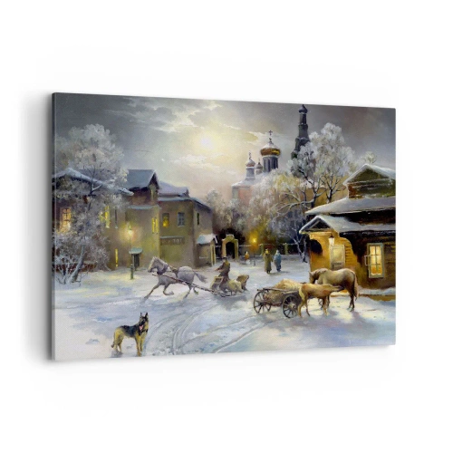 Bild auf Leinwand - Leinwandbild - Winterlandschaft in einer russischen Stadt mit Schlitten und Kirche - 120x80cm - Die Magie des russischen Winters - Moderne Wanddekoration für Wohnzimmer und Schlafzimmer ARTTOR
