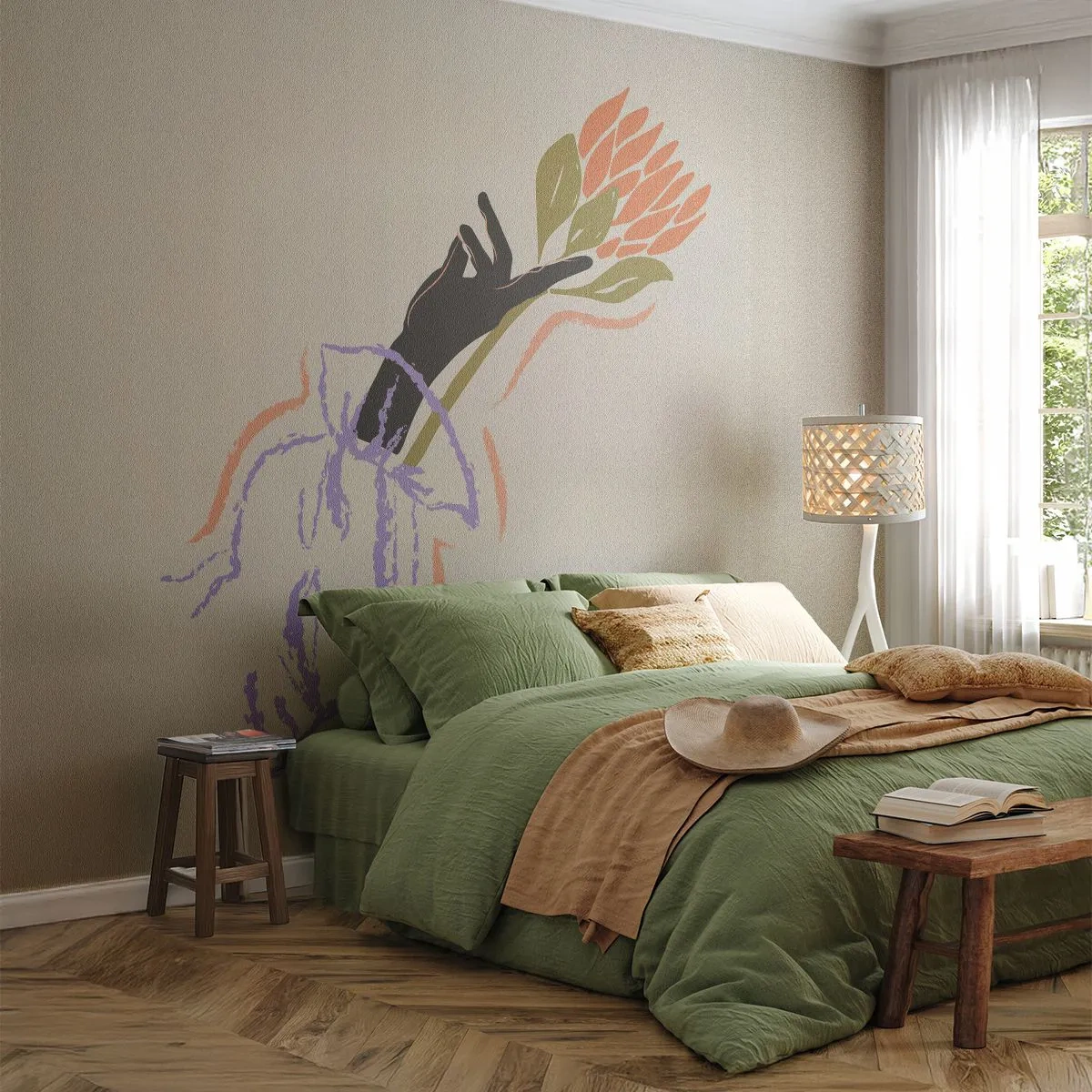 Selbstklebende Fototapete Deluxe Sticker - Schwesterliche Berührung - Hand, Blume, Minimalismus - 350x256 cm