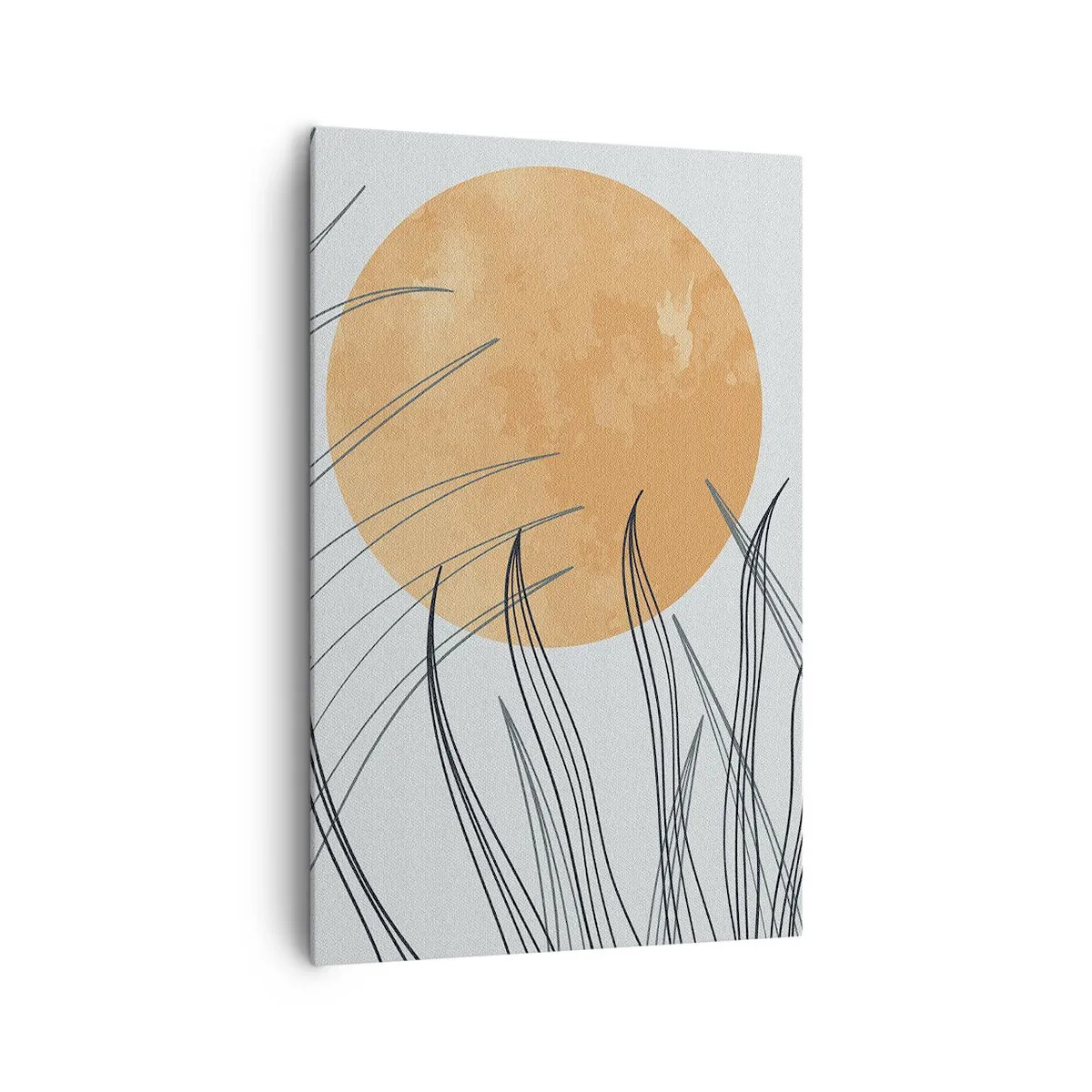 Bild auf Leinwand - Leinwandbild - Abstrakte Grashalme vor dem Hintergrund einer großen orangefarbenen Sonne - 80x120cm - Immer der Sonne entgegen - Moderne Wanddekoration für Wohnzimmer und Schlafzimmer ARTTOR