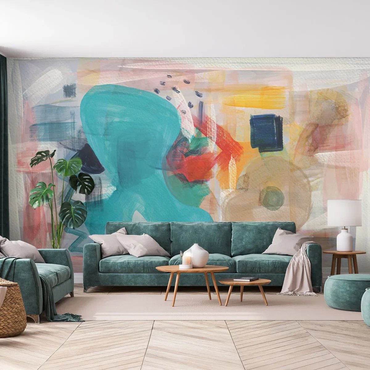 Fototapete Premium Sand - Bunte Abstraktion mit Formen und Pinselstrichen - 100x70cm - Buntes Spiel - Moderne Wanddekoration für Wohnzimmer und Schlafzimmer ARTTOR