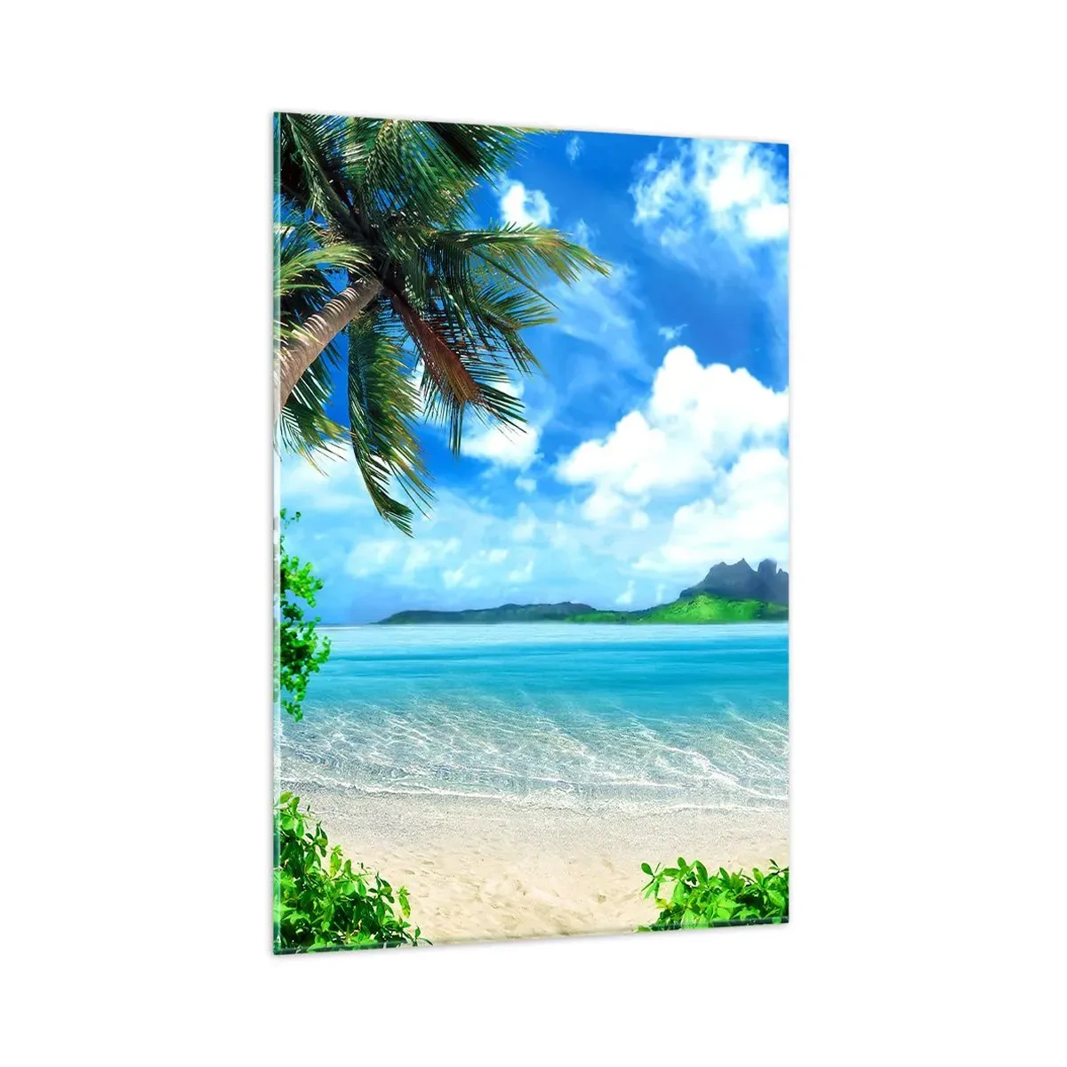 Glasbild - Bild auf glas - Tropischer Strand mit Palmen und Blick auf die Insel - 80x120cm - Das Azurblau der Tropen - Moderne Wanddekoration für Wohnzimmer und Schlafzimmer ARTTOR