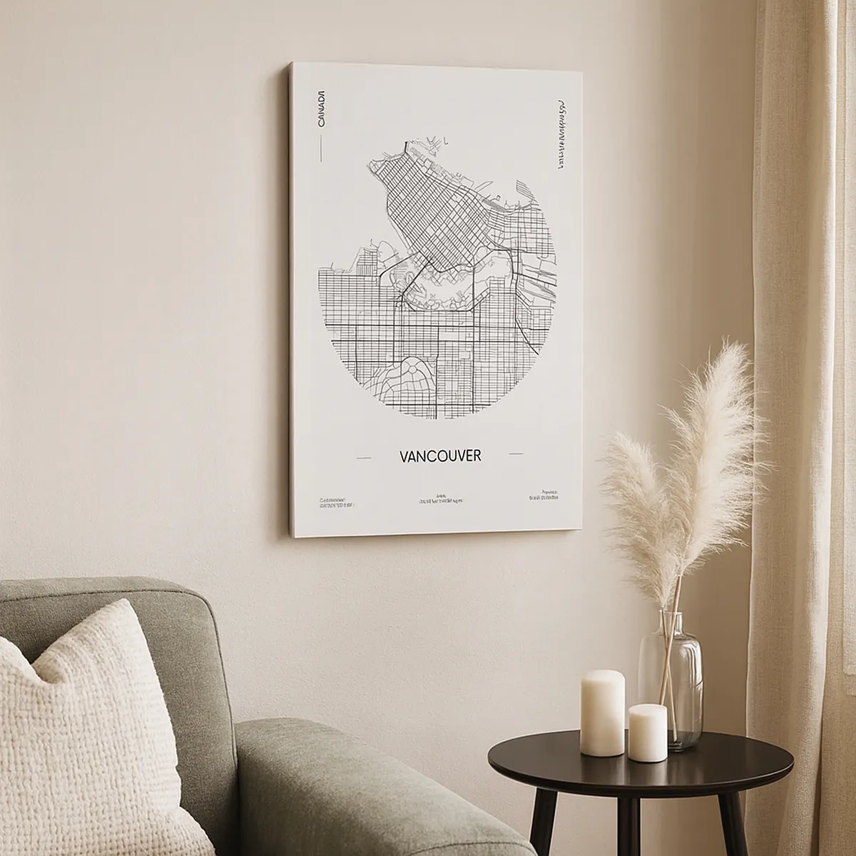 Bild auf Leinwand - Leinwandbild - Eine Karte von Vancouver im minimalistischen Schwarz-Weiß-Stil - 50x70cm - Anatomie von Vacouver - Moderne Wanddekoration für Wohnzimmer und Schlafzimmer ARTTOR