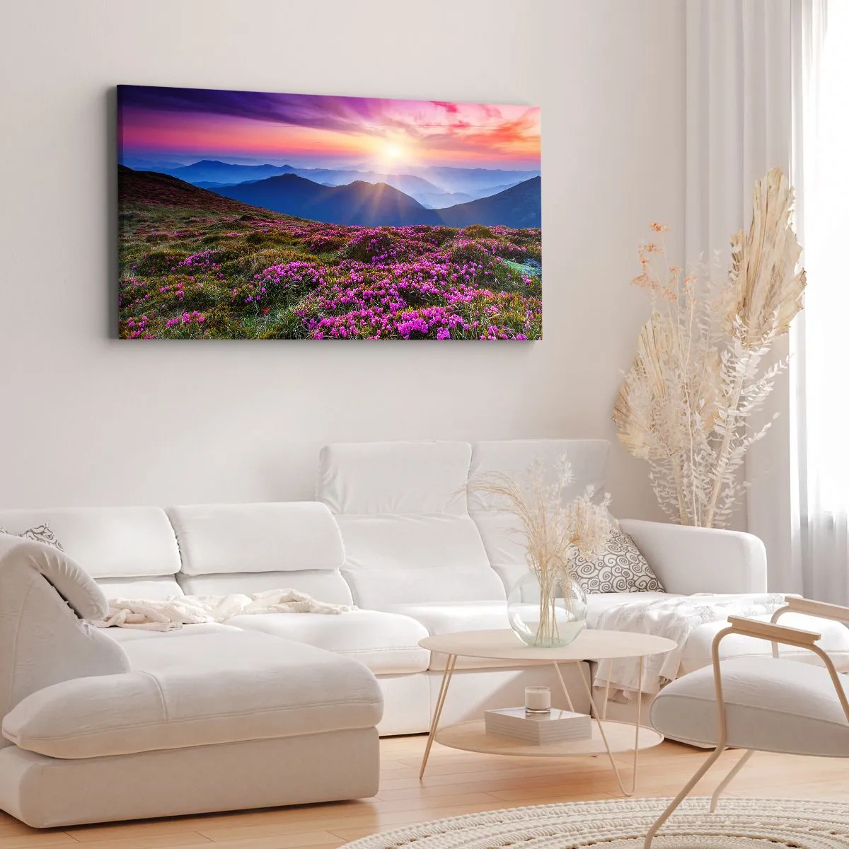 Bild auf Leinwand - Leinwandbild - Bergwiese mit Blumen bei Sonnenuntergang - 120x50cm - Kräuter dufteten nach frischen Trauben von den Feldern - Moderne Wanddekoration für Wohnzimmer und Schlafzimmer ARTTOR