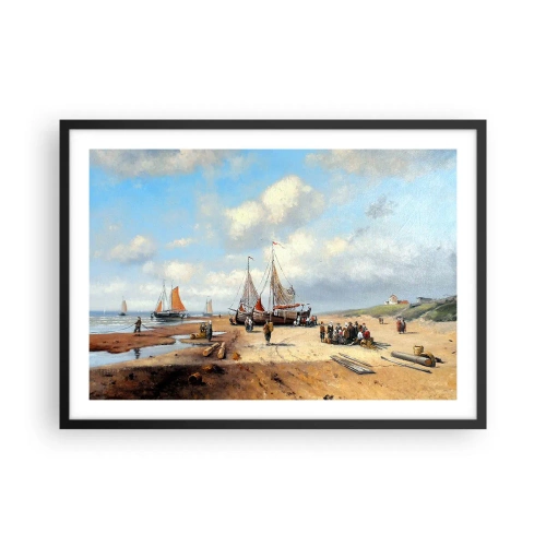 Poster in einem schwarzem Rahmen - Fischerboote am Strand mit menschlichen Figuren - 70x50cm - Nach einem erfolgreichen Fischfang - Moderne Wanddekoration für Wohnzimmer und Schlafzimmer ARTTOR