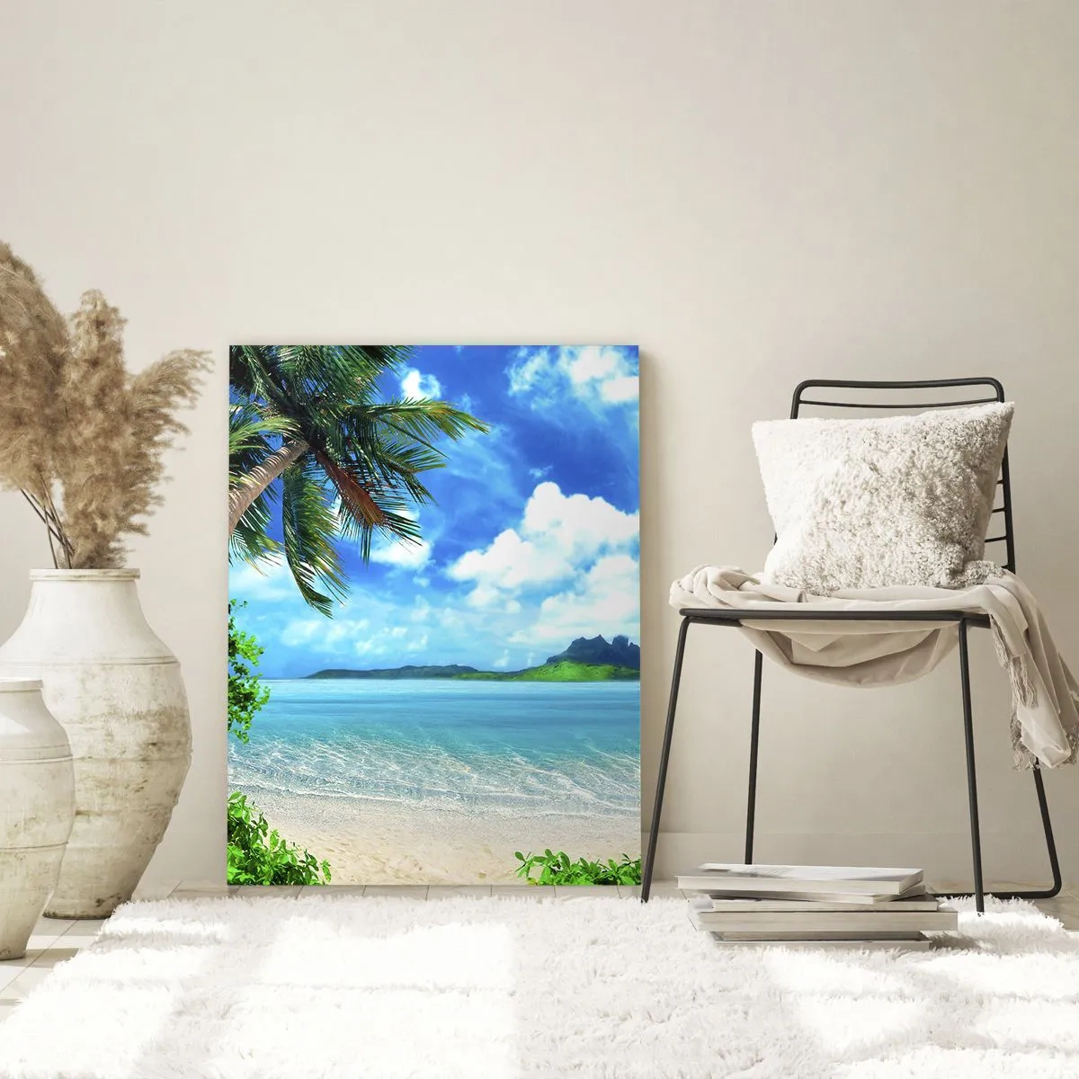 Glasbild - Bild auf glas - Tropischer Strand mit Palmen und Blick auf die Insel - 80x120cm - Das Azurblau der Tropen - Moderne Wanddekoration für Wohnzimmer und Schlafzimmer ARTTOR