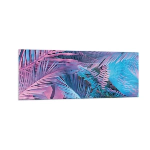 Glasbild - Bild auf glas - Tropische Blätter in Rosa- und Blautönen - 140x50cm - Tropen in Rosa und Blau - Moderne Wanddekoration für Wohnzimmer und Schlafzimmer ARTTOR