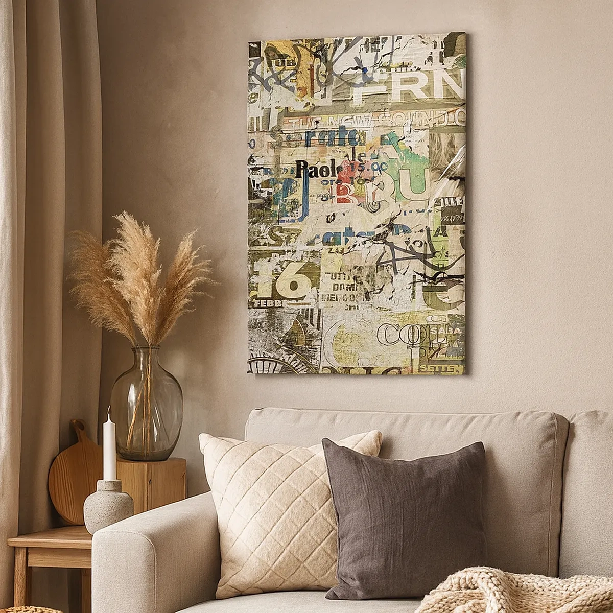 Bild auf Leinwand - Leinwandbild - Eine Collage aus Zeitungs- und Plakatfragmenten im künstlerischen Stil. - 50x70cm - Ach, es passiert... - Moderne Wanddekoration für Wohnzimmer und Schlafzimmer ARTTOR