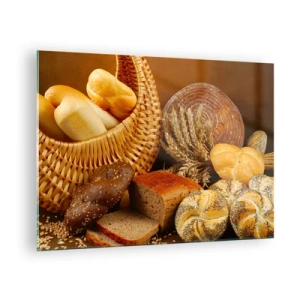 Glasbild - Bild auf glas - Ein Korb mit Brot und Laiben vor dem Hintergrund von Ähren - 70x50cm - Wir sind wieder davongekommen - Moderne Wanddekoration für Wohnzimmer und Schlafzimmer ARTTOR