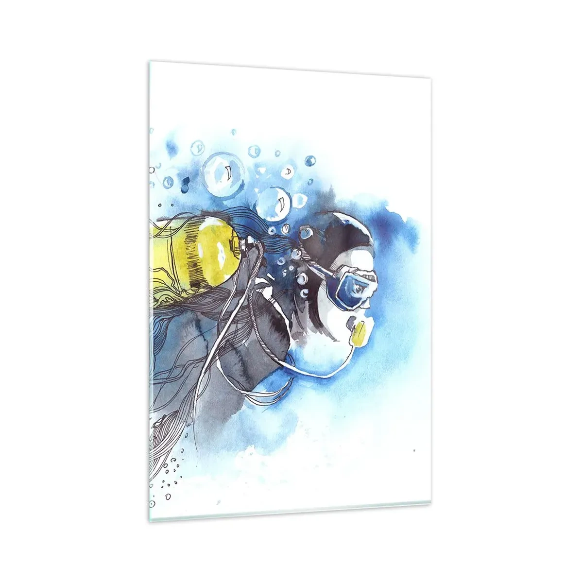 Glasbild - Bild auf glas - Unterwasserszene mit einem Taucher und exotischen Fischen - 80x120cm - Tolles Blau - Moderne Wanddekoration für Wohnzimmer und Schlafzimmer ARTTOR