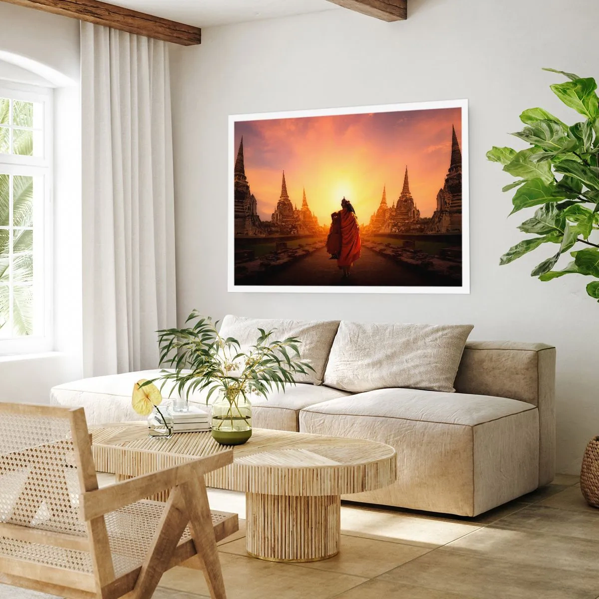 Poster - Ein Mönch zwischen den Tempeln bei Sonnenuntergang - 100x70cm - In Frieden für die Ewigkeit - Moderne Wanddekoration für Wohnzimmer und Schlafzimmer ARTTOR
