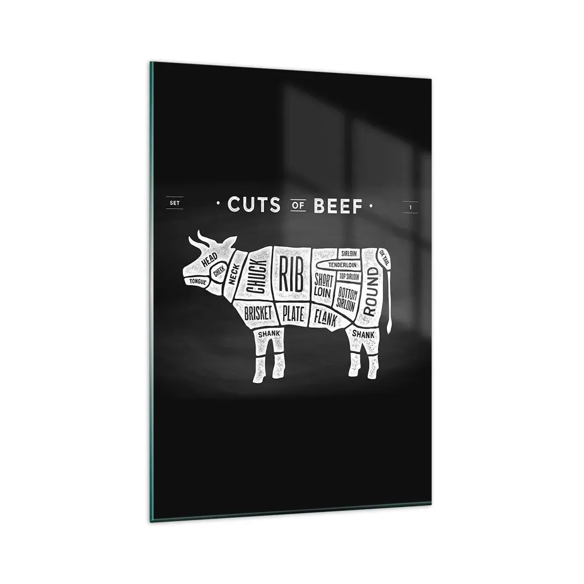 Glasbild - Bild auf glas - Diagramm der Rindfleischstücke auf schwarzem Hintergrund - 80x120cm - Metzger Grundierung - Moderne Wanddekoration für Wohnzimmer und Schlafzimmer ARTTOR