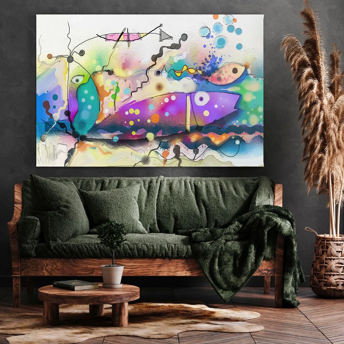 Bild auf Leinwand - Leinwandbild - Abstrakter Fisch in einer farbenfrohen, surrealen Komposition - 70x50cm - Es fehlen die Worte! - Moderne Wanddekoration für Wohnzimmer und Schlafzimmer ARTTOR