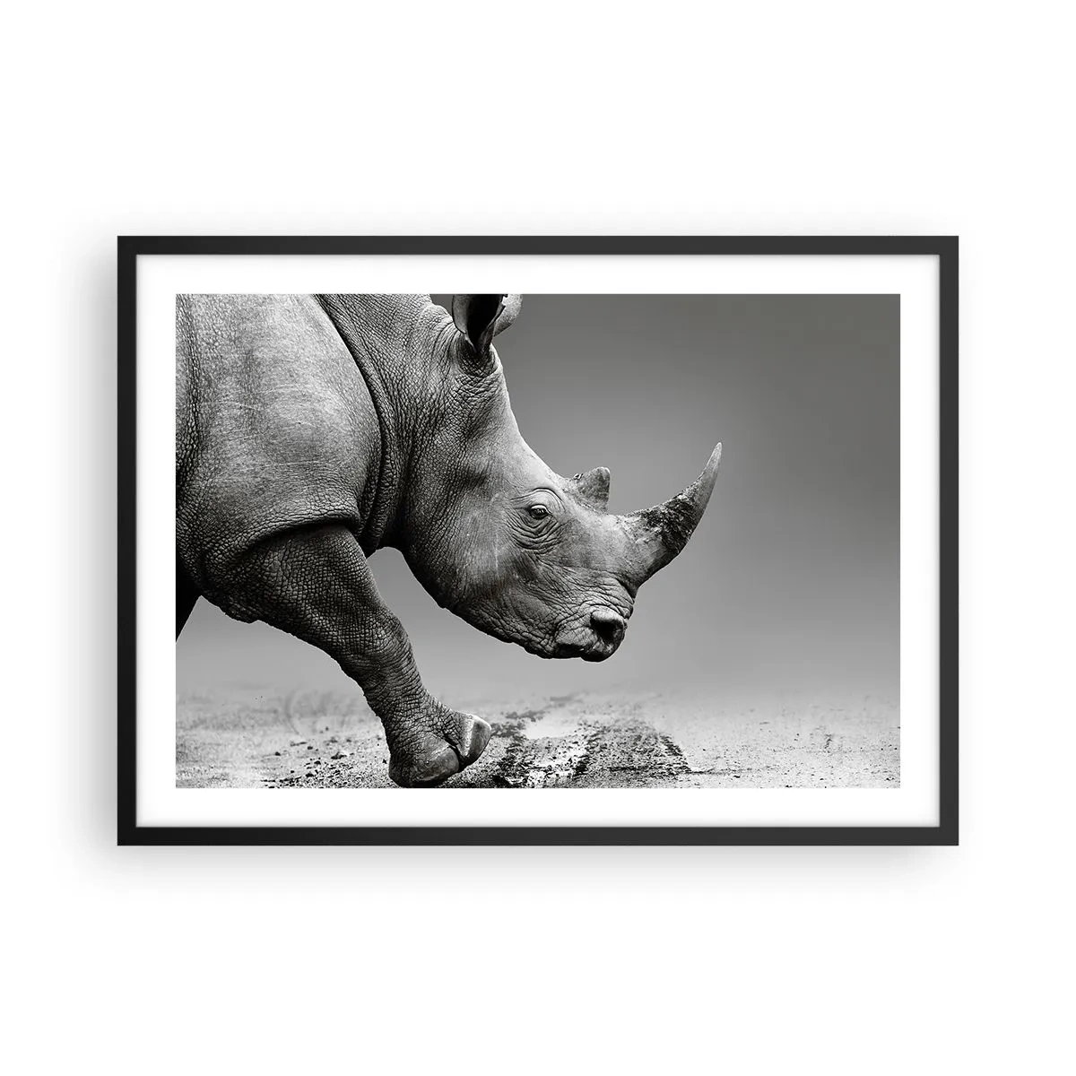 Poster in einem schwarzem Rahmen - Porträt eines Nashorns vor dem Hintergrund einer grauen Wüste - 70x50cm - Unaufhaltsame Stärke - Moderne Wanddekoration für Wohnzimmer und Schlafzimmer ARTTOR