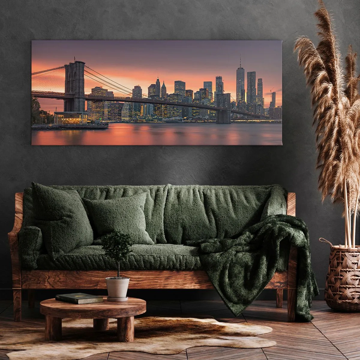 Bild auf Leinwand - Leinwandbild - Nachtpanorama der Stadt mit einer Brücke und einem beleuchteten Himmel - 160x50cm - Eingetaucht in lila Stille - Moderne Wanddekoration für Wohnzimmer und Schlafzimmer ARTTOR