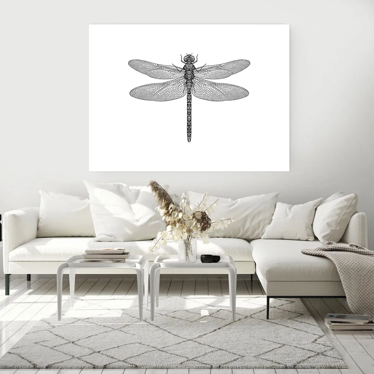 Poster - Schwarz-weiße Zeichnung einer Libelle auf weißem Hintergrund im minimalistischen Stil - 100x70cm - Präzision der Natur - Moderne Wanddekoration für Wohnzimmer und Schlafzimmer ARTTOR