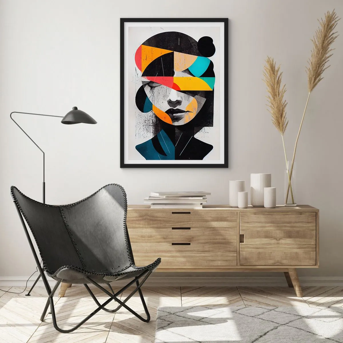 Poster in einem schwarzem Rahmen - Innenporträt, mehrfarbiges, stilisiertes abstraktes Porträt einer Frau - 50x70cm - Mehrfarbiges Innenporträt - Moderne Wanddekoration für Wohnzimmer und Schlafzimmer ARTTOR