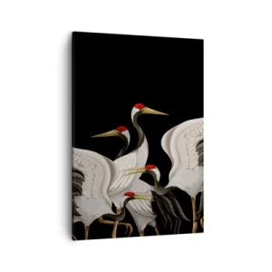 Bild auf Leinwand - Leinwandbild - Weiße Kraniche mit roten Akzenten auf schwarzem Hintergrund - 50x70cm - Vogelsachen - Moderne Wanddekoration für Wohnzimmer und Schlafzimmer ARTTOR