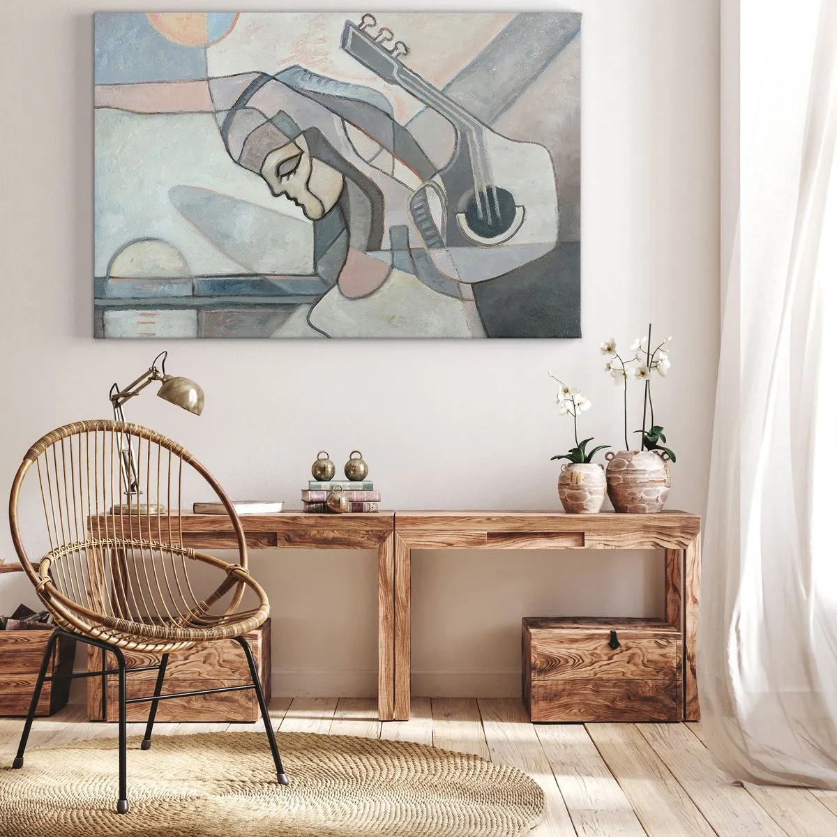 Bild auf Leinwand - Leinwandbild - Eine abstrakte Figur mit einer Gitarre in Pastellfarben. - 70x50cm - In der Kraft der Musik - Moderne Wanddekoration für Wohnzimmer und Schlafzimmer ARTTOR