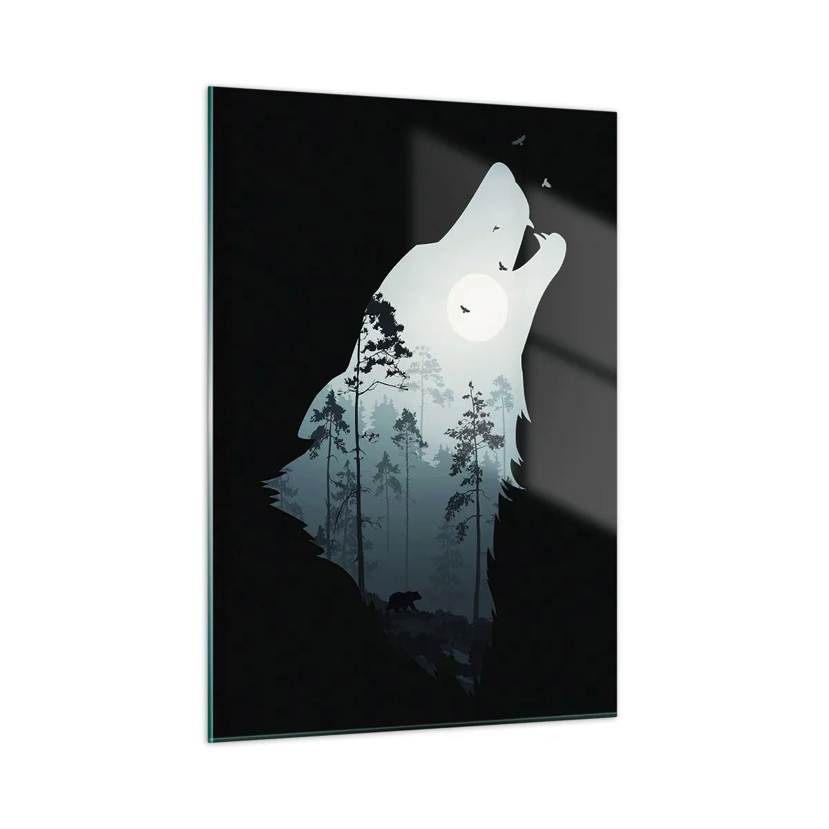 Glasbild - Bild auf glas - Silhouette eines Wolfes mit Wald und Mond im Hintergrund auf schwarzem Hintergrund - 50x70cm - Die Stimme der Waldnacht - Moderne Wanddekoration für Wohnzimmer und Schlafzimmer ARTTOR