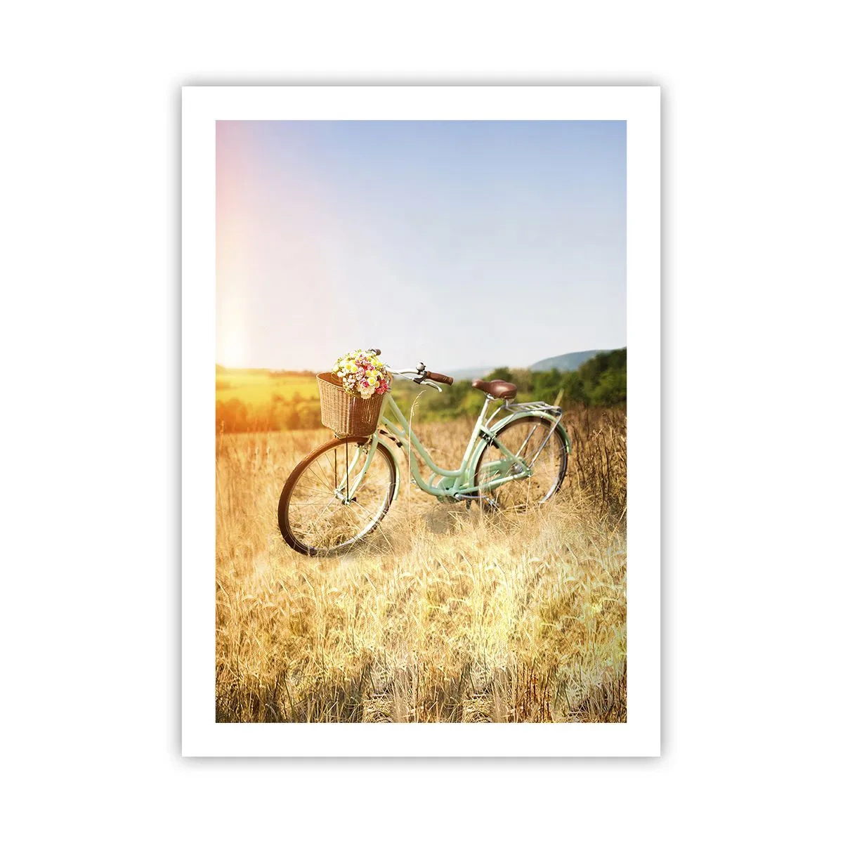 Poster - Ein Fahrrad mit einem Korb voller Blumen auf einer Wiese - 50x70cm - Ich bleibe eine Weile hier - Moderne Wanddekoration für Wohnzimmer und Schlafzimmer ARTTOR