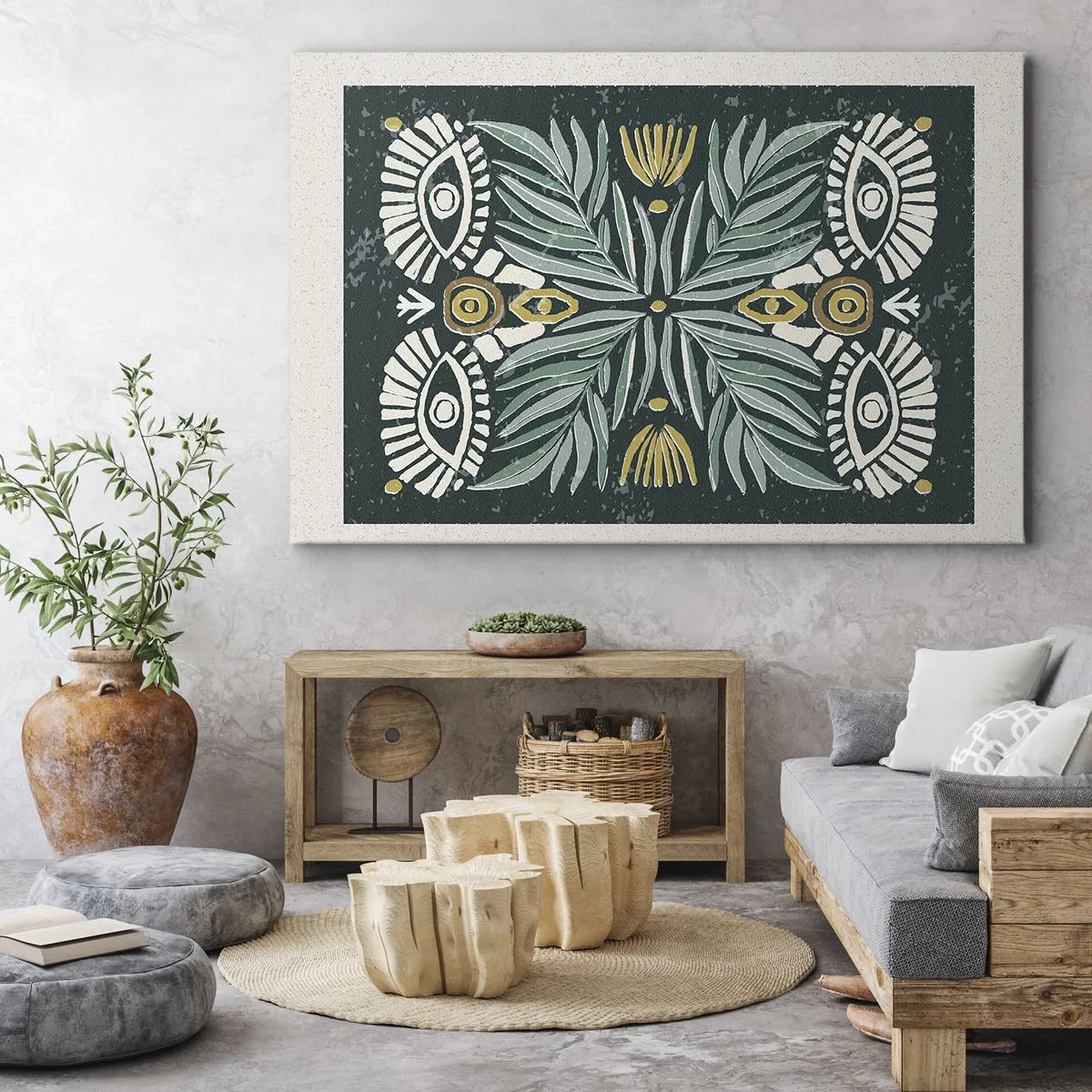 Bild auf Leinwand - Leinwandbild - Symmetrisches Pflanzenmuster auf grünem Hintergrund - 70x50cm - Wie ein Volksausschnitt - Moderne Wanddekoration für Wohnzimmer und Schlafzimmer ARTTOR