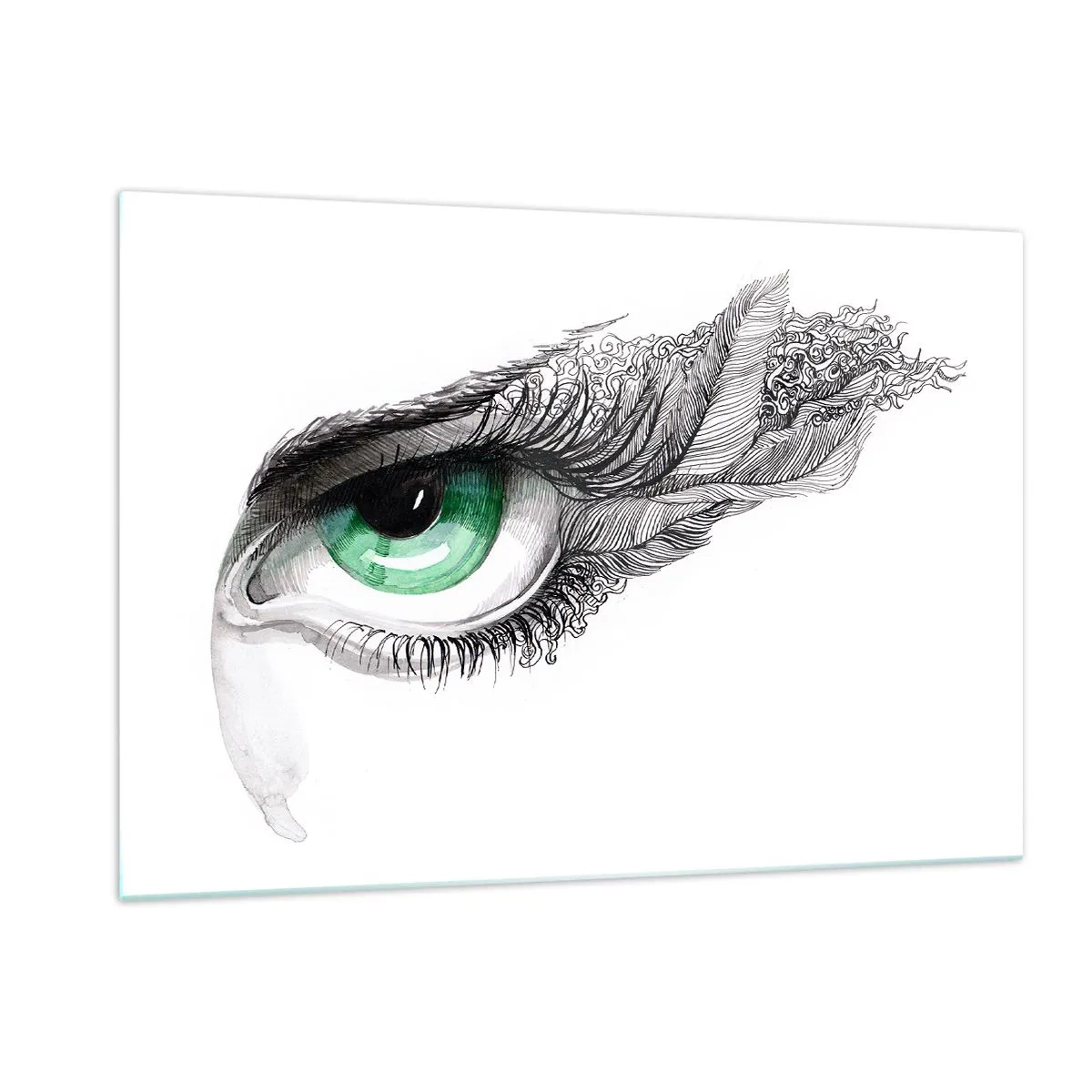Glasbild - Bild auf glas - Grünes Auge mit Federdetails und abstrakten Mustern - 120x80cm - Schön und bereit zum Angriff - Moderne Wanddekoration für Wohnzimmer und Schlafzimmer ARTTOR