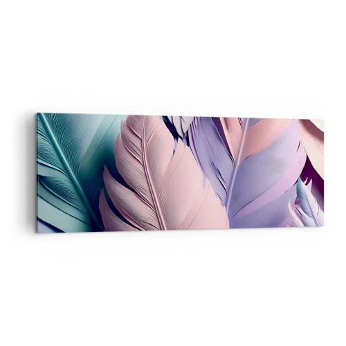 Bild auf Leinwand - Leinwandbild - Bunte Federn in Pastelltönen auf hellem Hintergrund - 140x50cm - Vogel-Chic - Moderne Wanddekoration für Wohnzimmer und Schlafzimmer ARTTOR