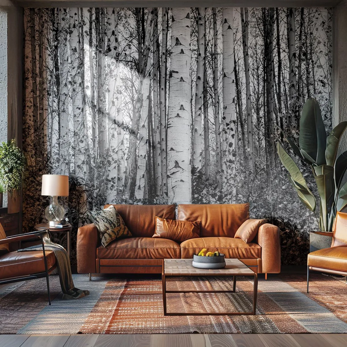 Fototapete Standard Eco - Schwarz-weißer Birkenwald im minimalistischen Stil - 100x70cm - Birkenkolonnade - Moderne Wanddekoration für Wohnzimmer und Schlafzimmer ARTTOR