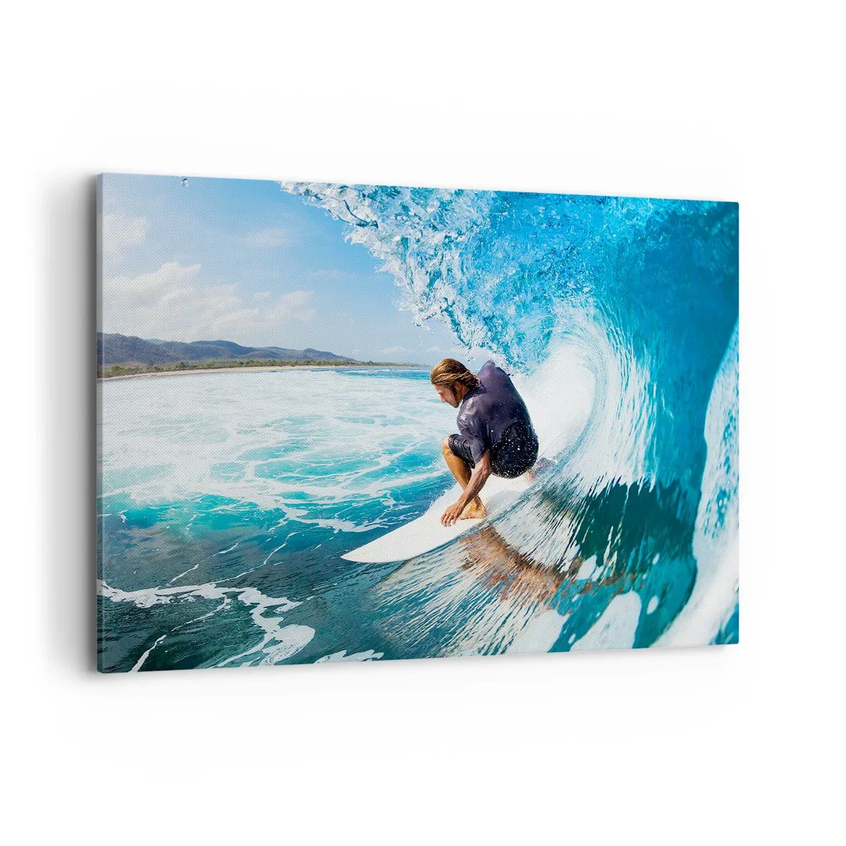 Bild auf Leinwand - Leinwandbild - Ein Surfer in dynamischer Pose auf einer Welle im türkisfarbenen Wasser. - 100x70cm - Tanzen mit den Wellen - Moderne Wanddekoration für Wohnzimmer und Schlafzimmer ARTTOR