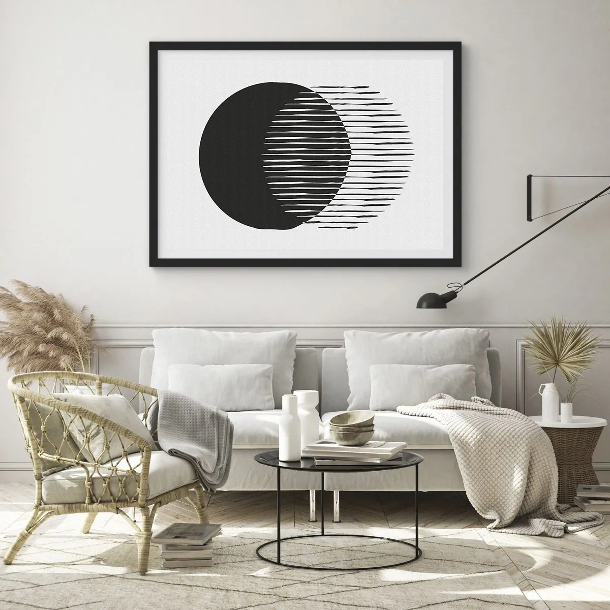 Poster in einem schwarzem Rahmen - Zwei überlappende Kreise mit schwarzen und weißen Linien - 70x50cm - Sein Alter Ego - Moderne Wanddekoration für Wohnzimmer und Schlafzimmer ARTTOR