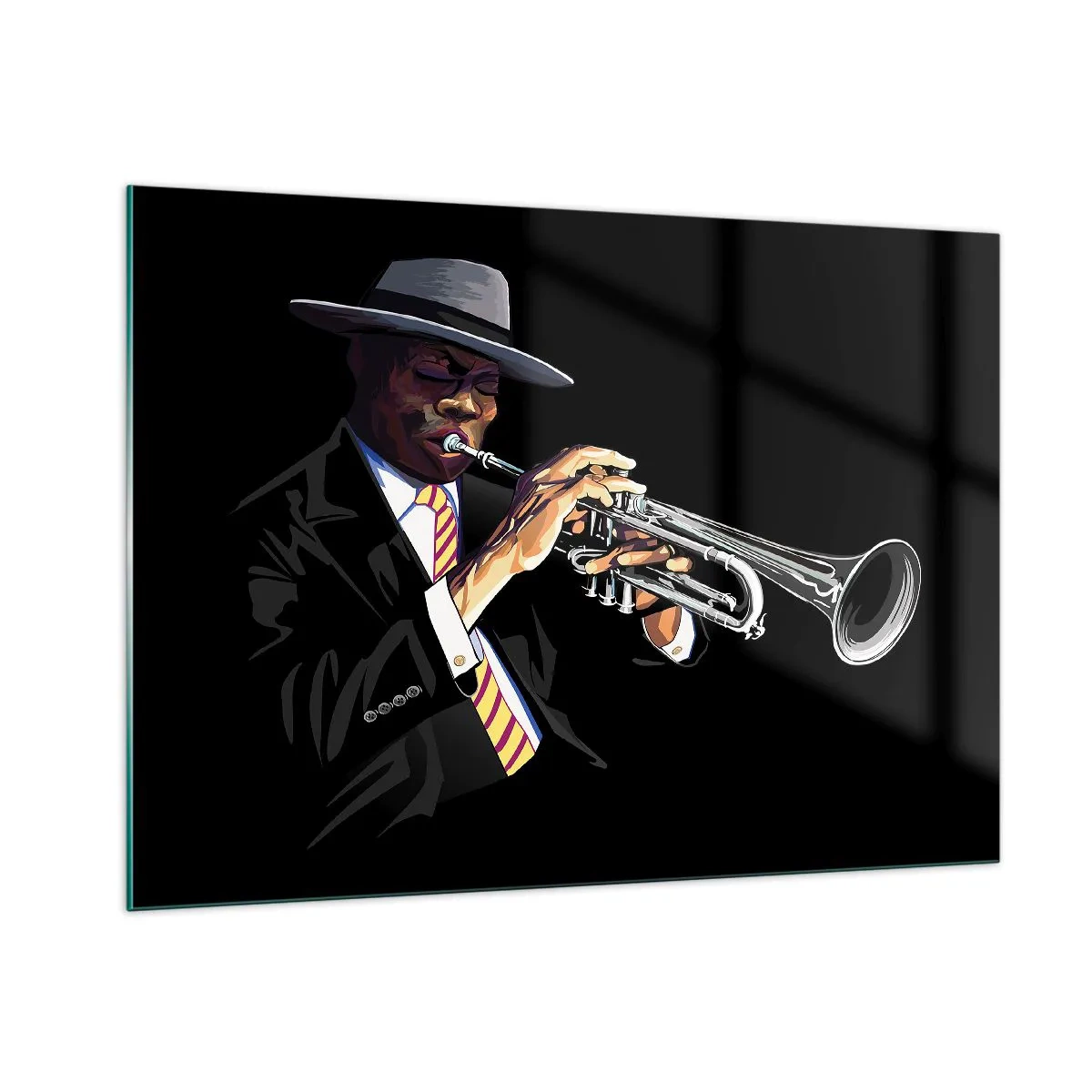 Glasbild - Bild auf glas - Ein schwarzer Musiker mit Trompete und Hut auf schwarzem Hintergrund - 100x70cm - Charme der alten Schule - Moderne Wanddekoration für Wohnzimmer und Schlafzimmer ARTTOR