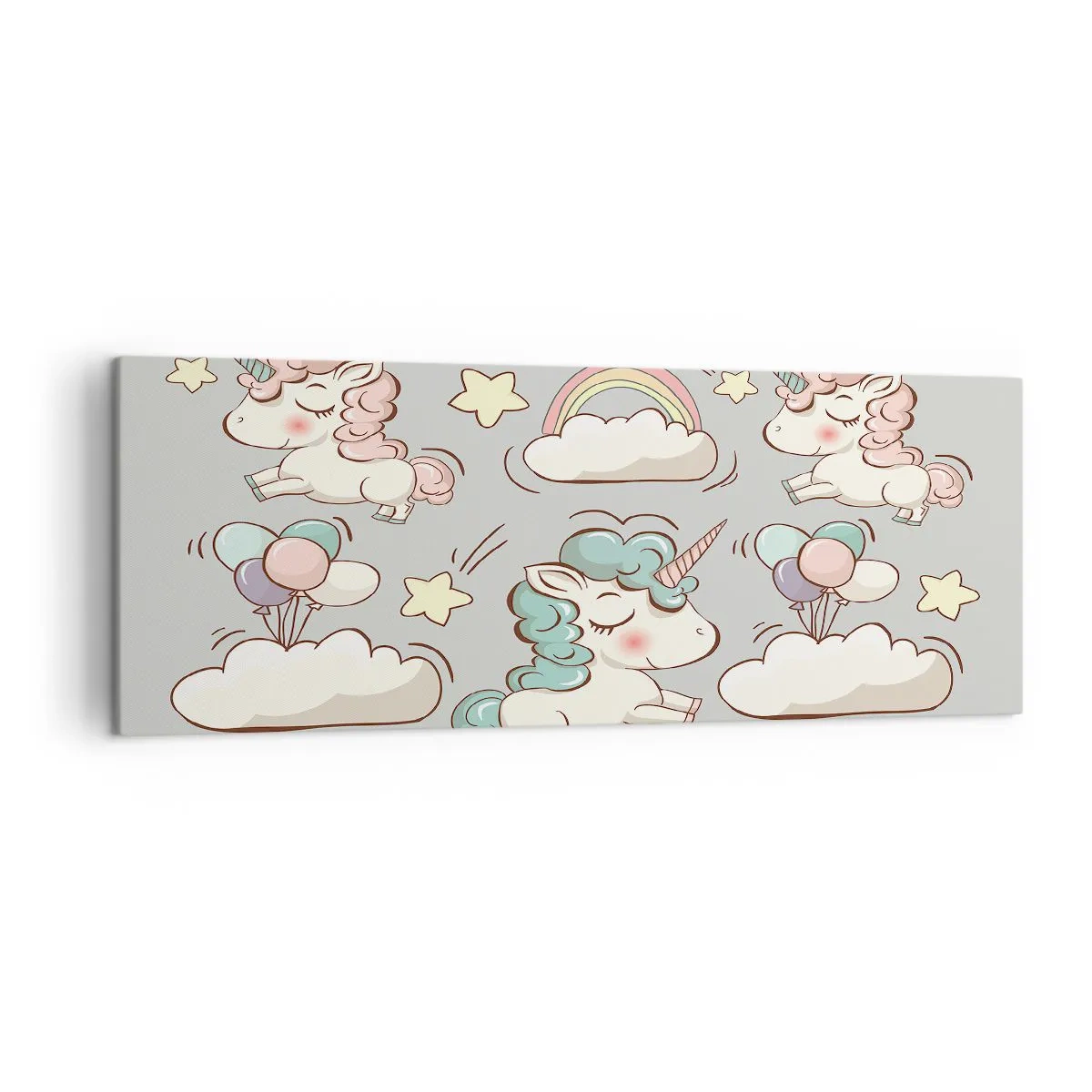 Bild auf Leinwand - Leinwandbild - Niedliche Einhörner auf pastellfarbenem Hintergrund - 140x50cm - Sicherlich gibt es... - Moderne Wanddekoration für Wohnzimmer und Schlafzimmer ARTTOR