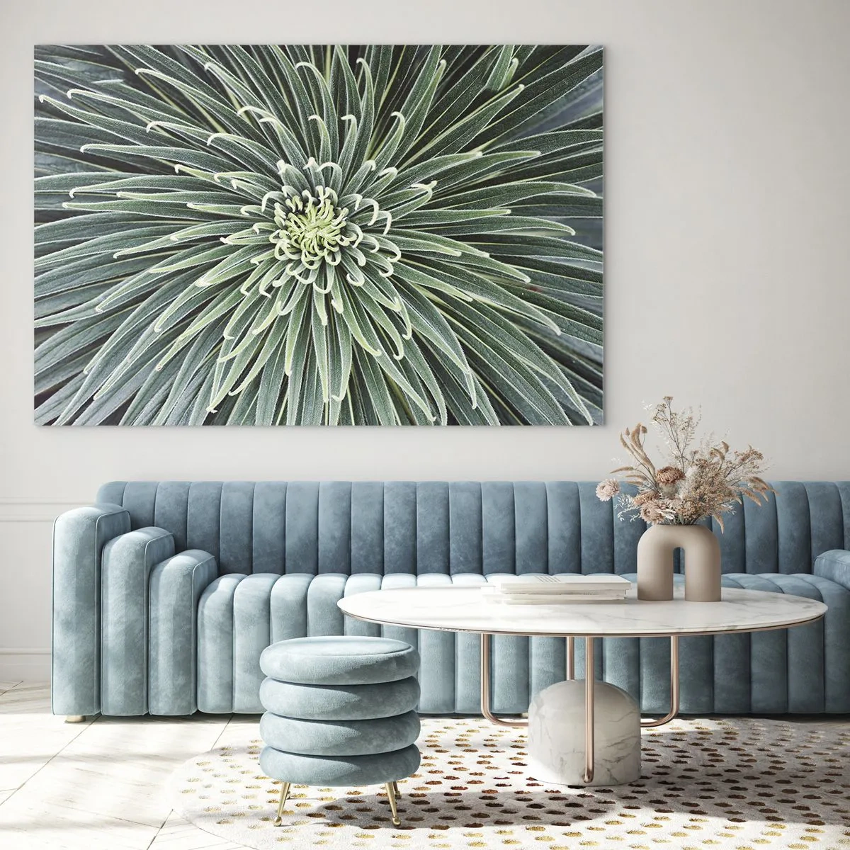 Glasbild - Bild auf glas - Symmetrische Rosette aus grünen Blättern in der Makrofotografie - 100x70cm - Ein Star ist geboren - Moderne Wanddekoration für Wohnzimmer und Schlafzimmer ARTTOR