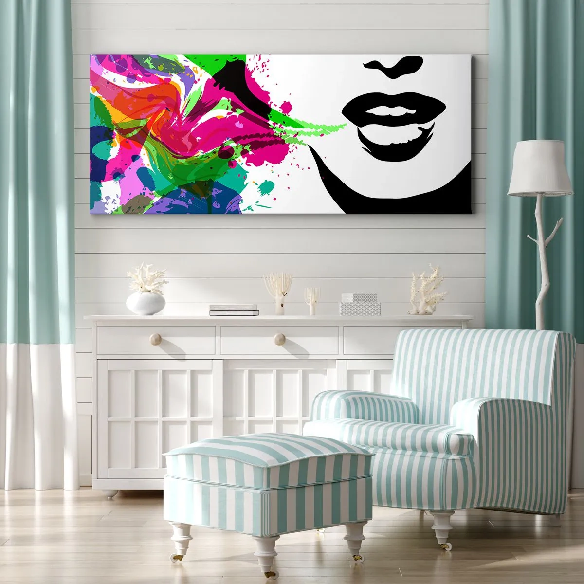 Bild auf Leinwand - Leinwandbild - Farbenfrohes abstraktes Porträt mit dynamischen Formen - 120x50cm - Eine Geschichte in den Farben des Regenbogens - Moderne Wanddekoration für Wohnzimmer und Schlafzimmer ARTTOR