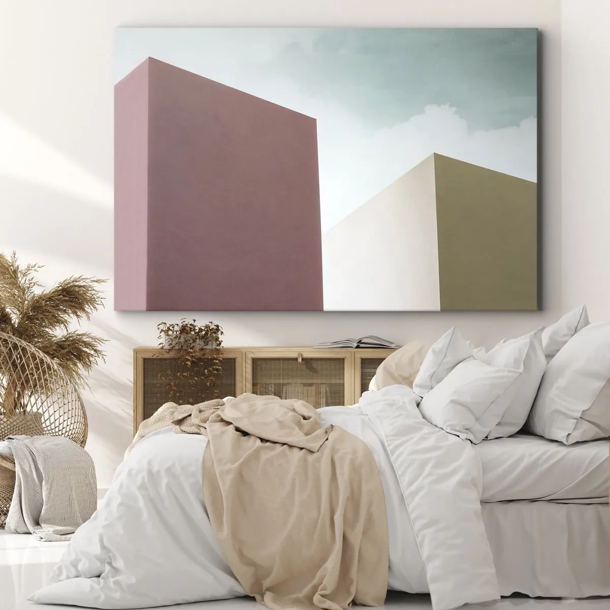Bild auf Leinwand - Leinwandbild - Minimalistische Architektur mit pastellfarbenen Blöcken und Himmel - 120x80cm - Geometrie des sonnigen Sommers - Moderne Wanddekoration für Wohnzimmer und Schlafzimmer ARTTOR