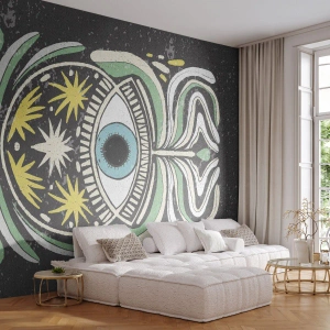 Fototapete Premium Sand - Symbolisches Stammesauge auf dunklem Hintergrund - 100x70cm - Stammesrituale - Moderne Wanddekoration für Wohnzimmer und Schlafzimmer ARTTOR
