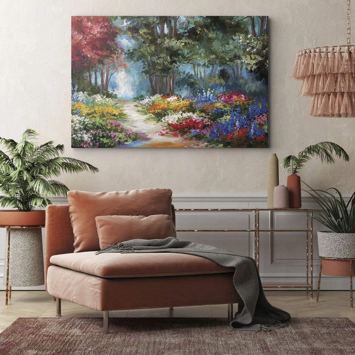 Bild auf Leinwand - Leinwandbild - Ein malerischer Garten voller bunter Blumen und Bäume in einer Waldumgebung - 100x70cm - Waldgarten, Blumenwald - Moderne Wanddekoration für Wohnzimmer und Schlafzimmer ARTTOR