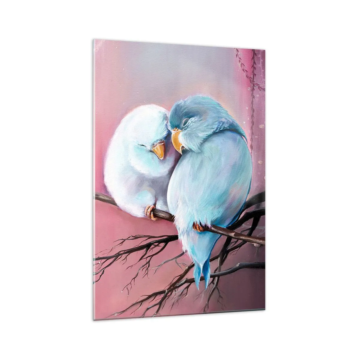 Glasbild - Bild auf glas - Zwei verliebte Vögel auf einem Ast auf rosa Hintergrund - 70x100cm - Was kann ich hier hinzufügen? ... - Moderne Wanddekoration für Wohnzimmer und Schlafzimmer ARTTOR