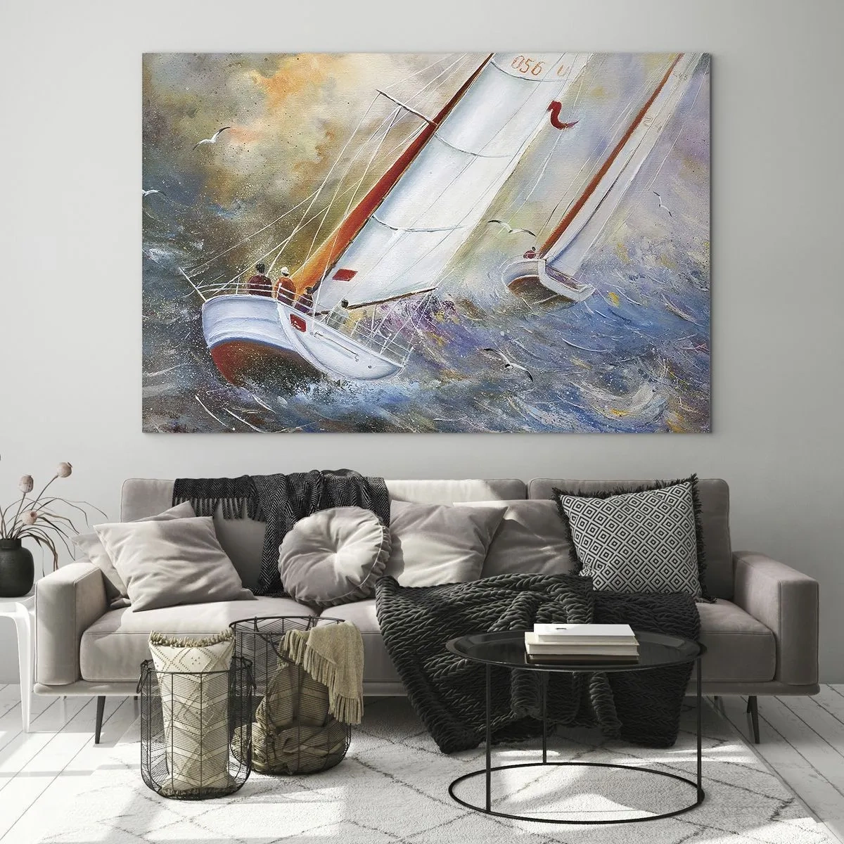 Glasbild - Bild auf glas - Segelboote in rauer See während einer Regatta - 70x50cm - Durch die Wellen laufend - Moderne Wanddekoration für Wohnzimmer und Schlafzimmer ARTTOR