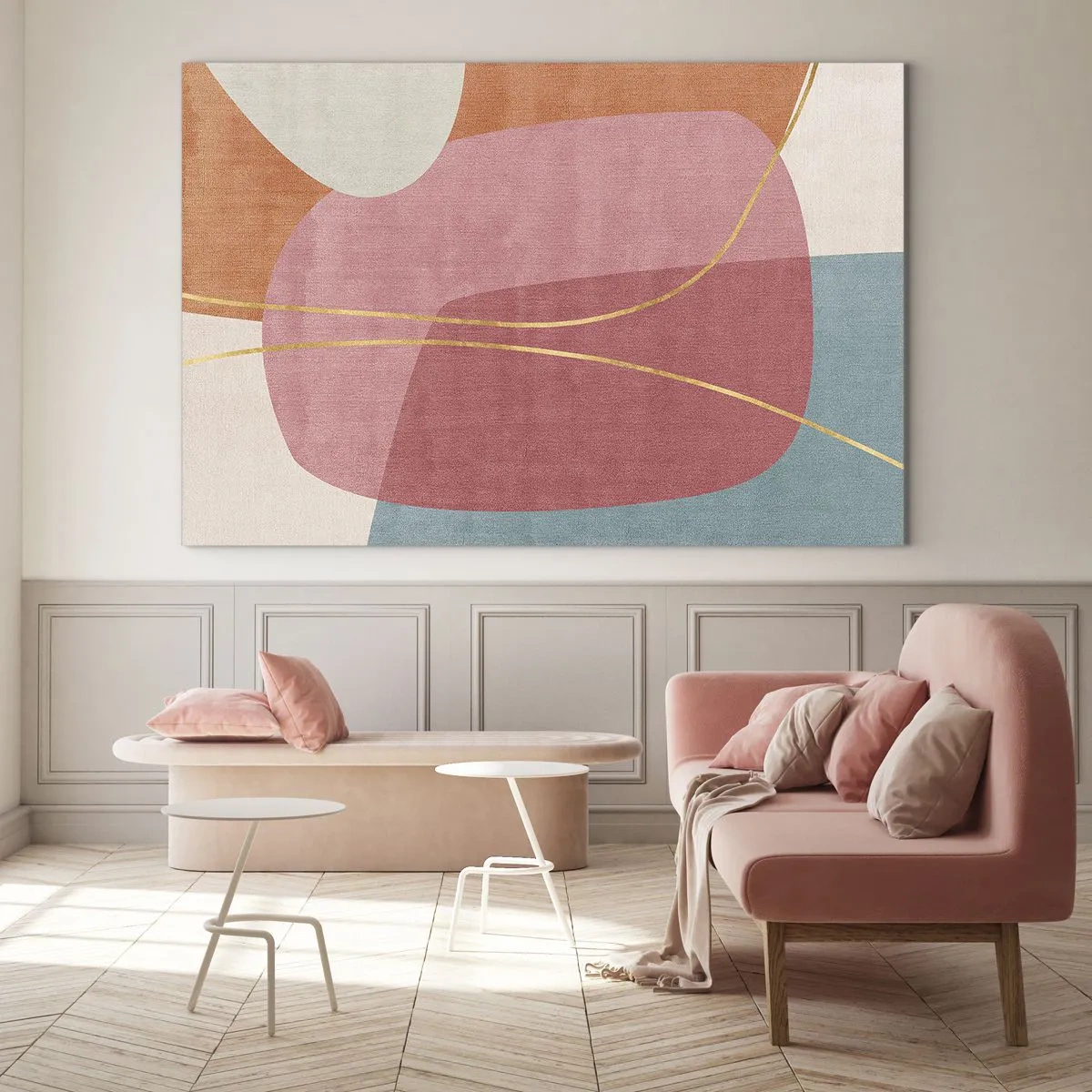Glasbild - Bild auf glas - Pastellfarbene Formen mit sich kreuzenden goldenen Linien - 70x50cm - Pastellkomposition mit Goldfaden - Moderne Wanddekoration für Wohnzimmer und Schlafzimmer ARTTOR