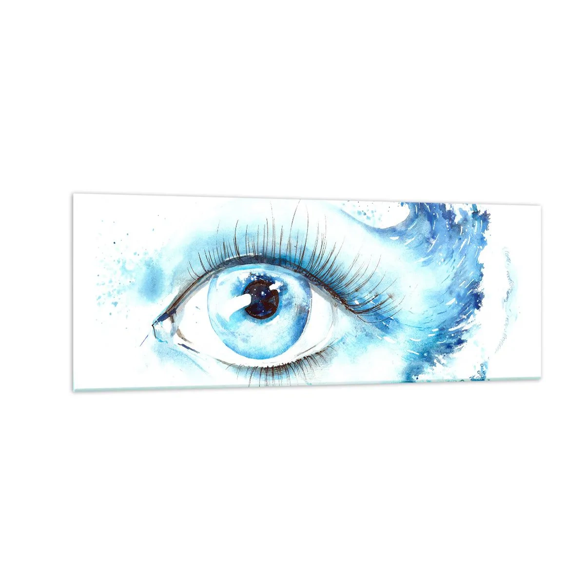 Glasbild - Bild auf glas - Künstlerisches Aquarell eines Auges mit einer dynamischen Welle - 140x50cm - Tauchen Sie ein in das Blau der Blicke - Moderne Wanddekoration für Wohnzimmer und Schlafzimmer ARTTOR