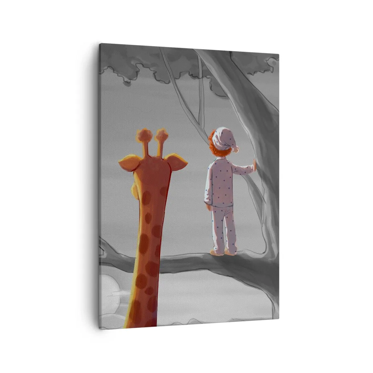 Bild auf Leinwand - Leinwandbild - Ein Kind und eine Giraffe auf einem Ast in einer Märchenlandschaft - 50x70cm - Das passiert wirklich - Moderne Wanddekoration für Wohnzimmer und Schlafzimmer ARTTOR