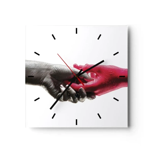 Wanduhr - Glasuhr - Symbolische Hände in Silber und Rot - 30x30cm - Gemeinsam, obwohl anders - Moderne Wanddekoration für Wohnzimmer und Schlafzimmer ARTTOR