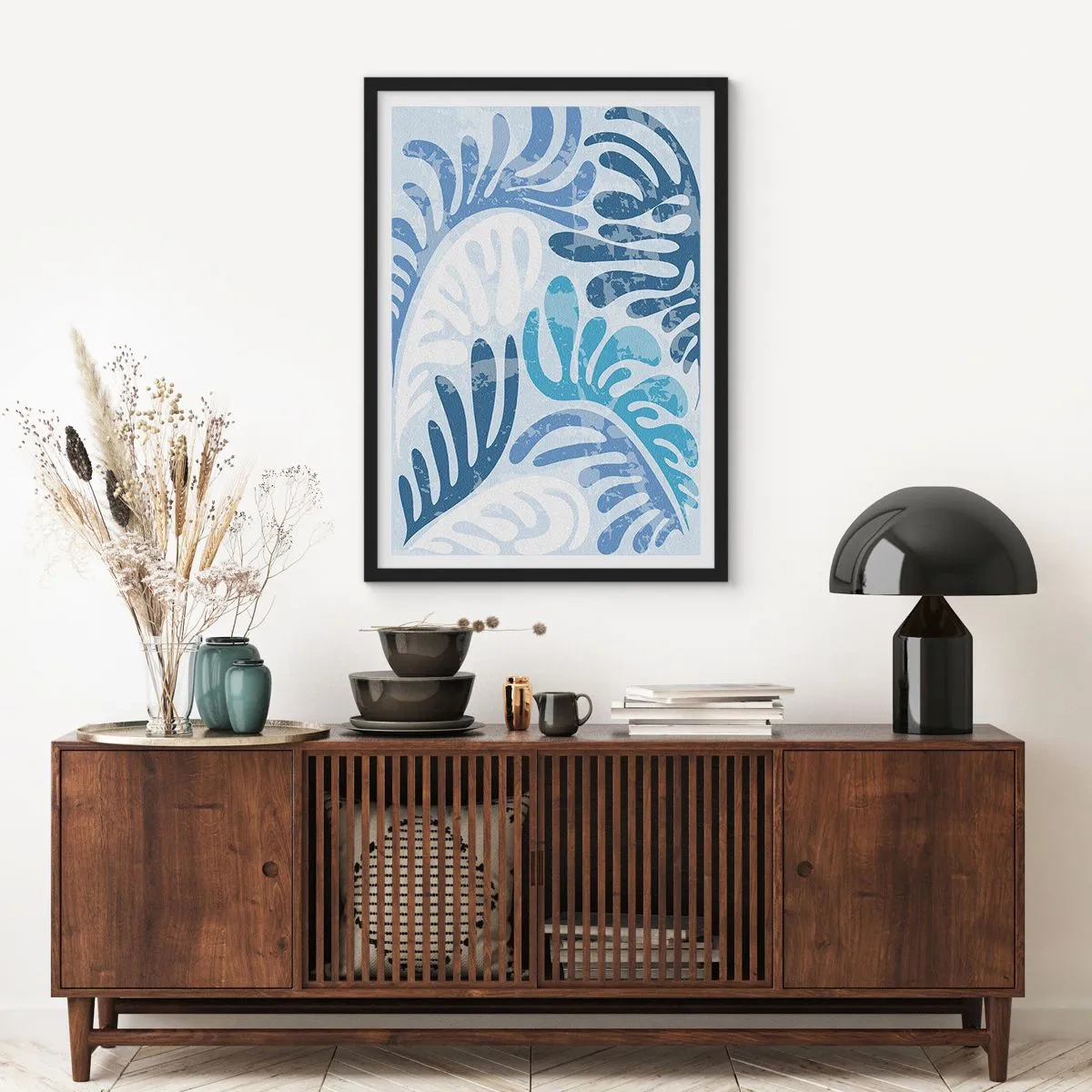 Poster in einem schwarzem Rahmen - Abstrakte Komposition aus Blättern in Blautönen - 50x70cm - Blaue Farne - Moderne Wanddekoration für Wohnzimmer und Schlafzimmer ARTTOR