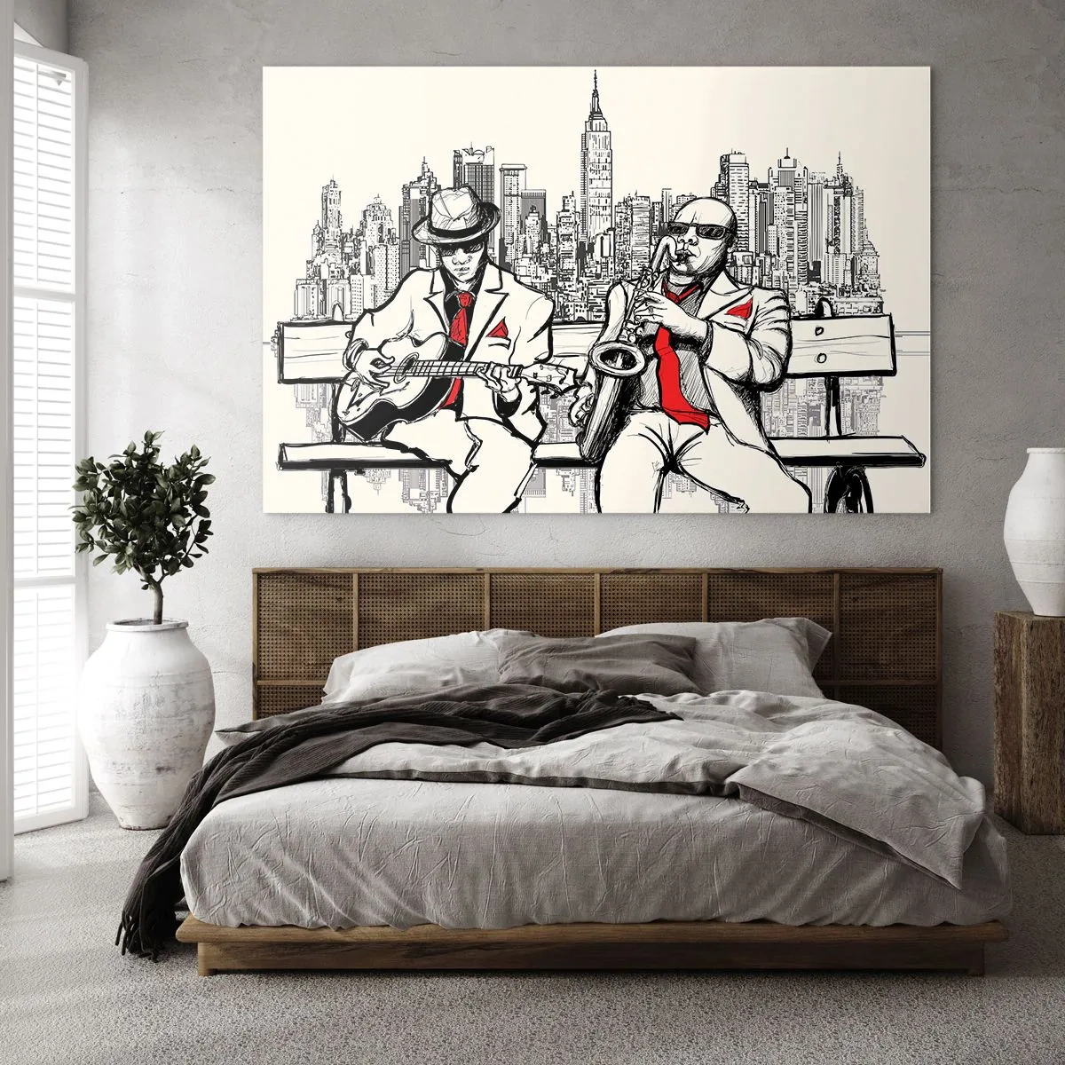 Glasbild - Bild auf glas - Zwei Jazzmusiker spielen vor der Kulisse der Skyline der Stadt - 120x80cm - New Yorker Improvisation - Moderne Wanddekoration für Wohnzimmer und Schlafzimmer ARTTOR