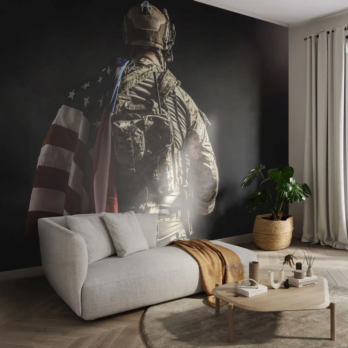 Fototapete Standard Eco - Ein Soldat in Uniform mit einer Flagge auf dunklem Hintergrund - 100x70cm - Darum - Moderne Wanddekoration für Wohnzimmer und Schlafzimmer ARTTOR