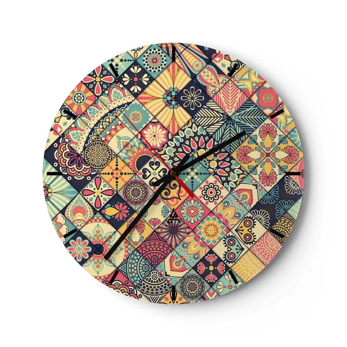 Wanduhr - Glasuhr - Buntes Patchwork-Motiv mit geometrischen Mustern - 30x30cm - marokkanische Atmosphäre - Moderne Wanddekoration für Wohnzimmer, Küche und Schlafzimmer ARTTOR