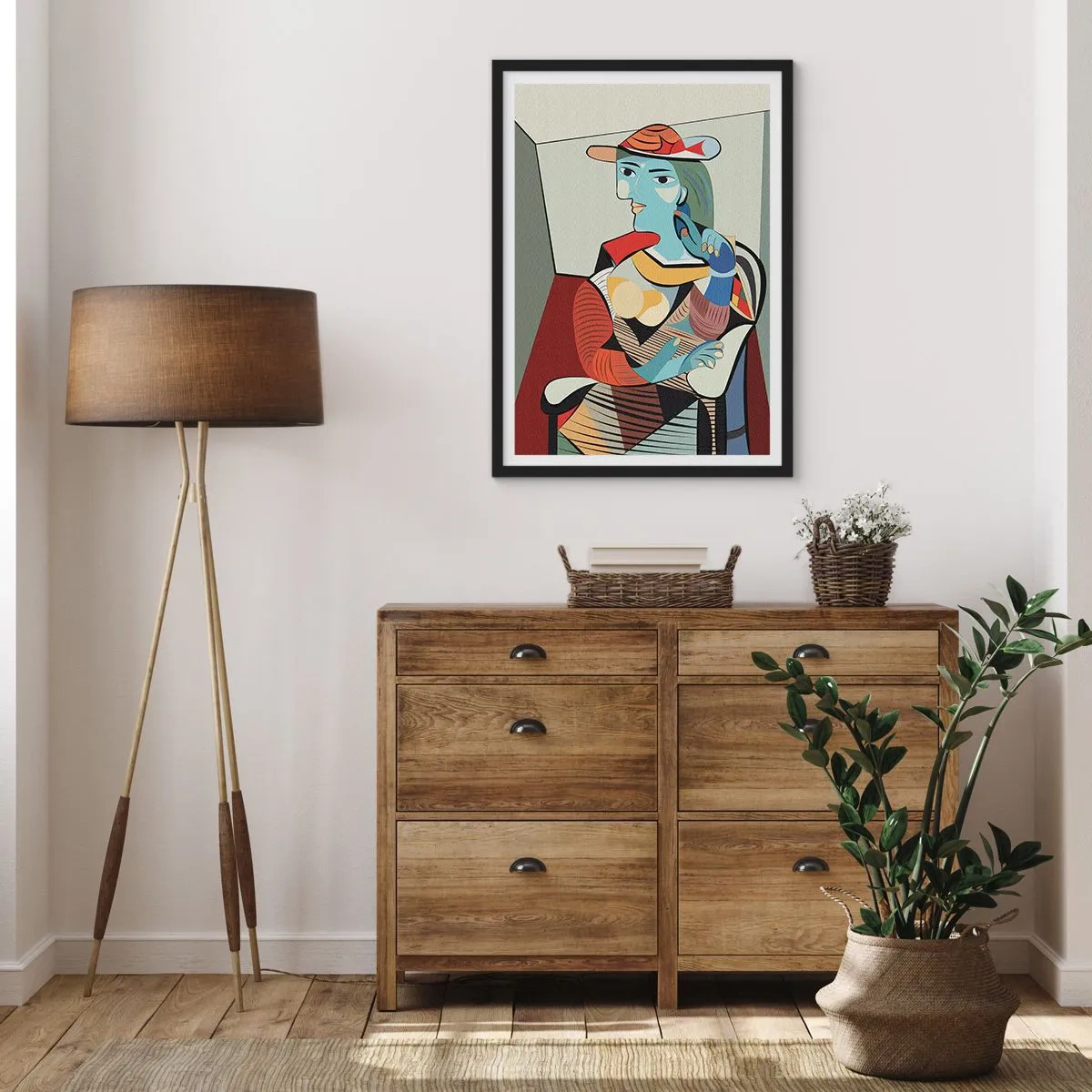 Poster in einem schwarzem Rahmen - Kubistisches Porträt einer Frau mit Hut - 50x70cm - Gesehen mit den Augen von Picasso - Moderne Wanddekoration für Wohnzimmer und Schlafzimmer ARTTOR