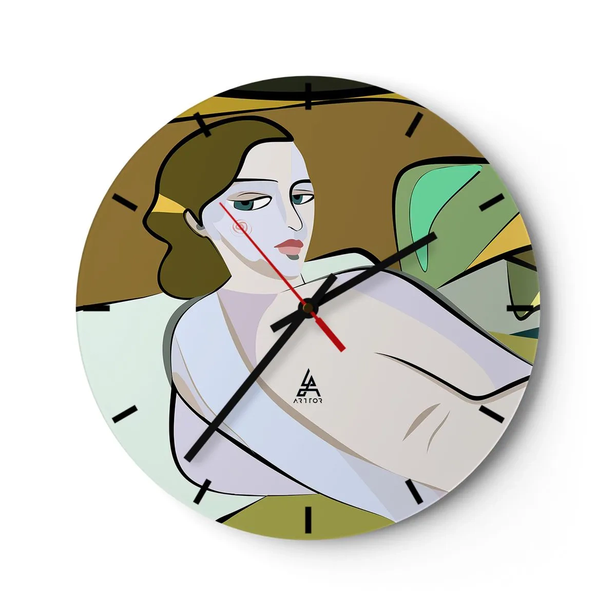 Wanduhr - Glasuhr - Eine weibliche Figur im kubistischen Stil vor abstraktem Hintergrund - 30x30cm - Intimes Porträt - Moderne Wanddekoration für Wohnzimmer, Küche und Schlafzimmer ARTTOR